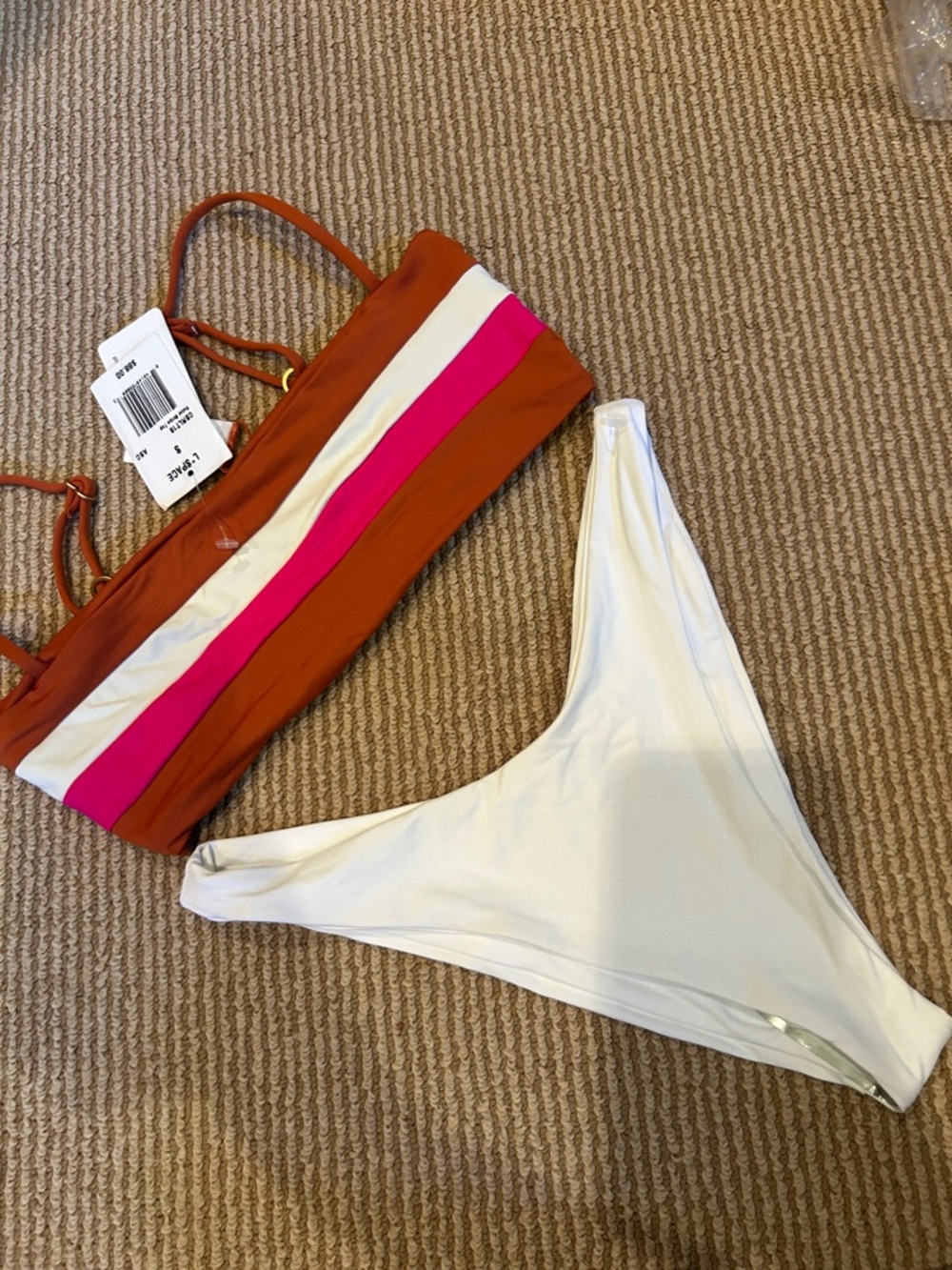 NWT l*space Rust, White & Pink Striped Bikini Set size small